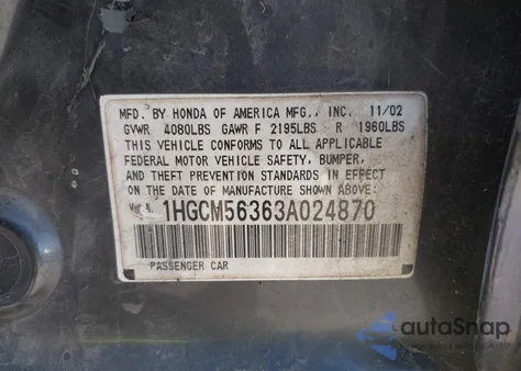 2003 Honda Accord 2.4 Lx from USA, damaged, VIN 1HGCM56363A024870